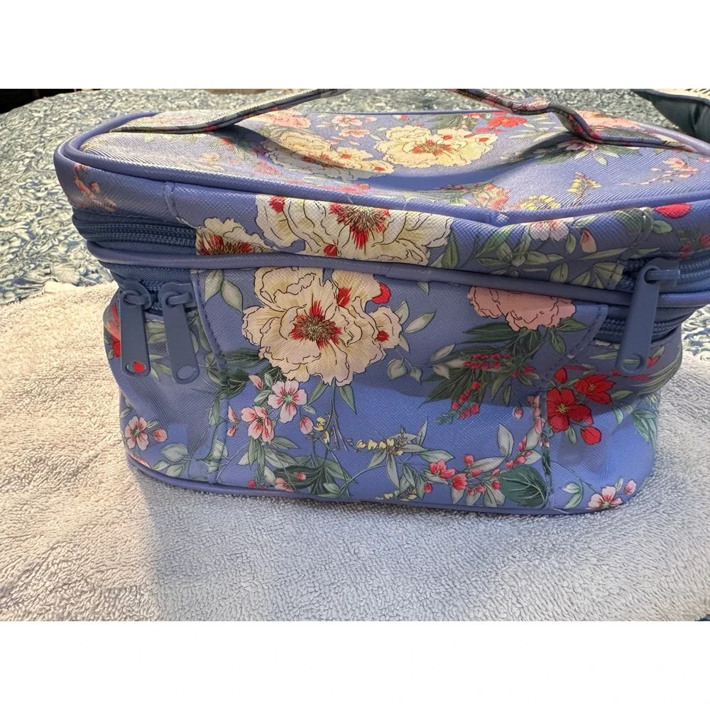 Yumi Kim Floral Makeup Bag Blue Double Tiered Travel Cosmetic Vanity Case